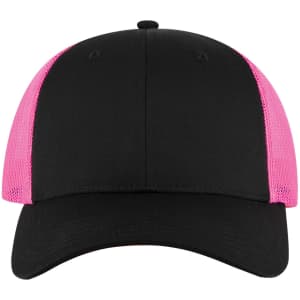 A black and pink 6 panel low profile trucker cap featuring mesh sides and a logo on the front.