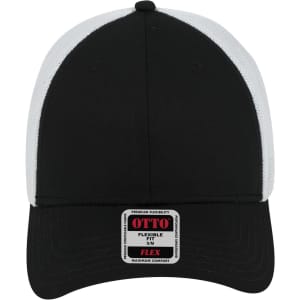 A black and white 6 panel low profile trucker cap featuring a logo on the front.