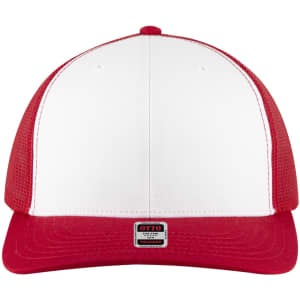 A red and white 6 panel mid profile trucker cap featuring a logo on the front.
