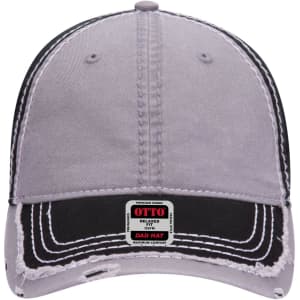 A low profile six-panel dad cap with a grey and black colour scheme and a visible logo on the front.