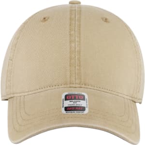 A beige six-panel low profile dad cap featuring a logo on the front and a relaxed fit design.