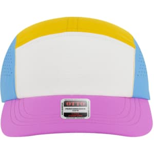 A five-panel running hat in yellow, white, blue, and pink, featuring a logo on the front.