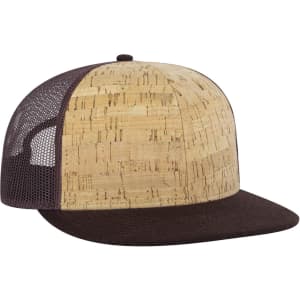 A cork-style trucker cap with a brown brim and mesh back, featuring a logo on the front.