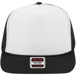 A 5 panel high crown trucker cap in white and black, featuring a logo on the front and mesh sides.