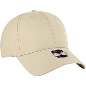 A beige low profile six-panel baseball cap with a logo on the front.