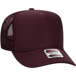 A maroon 5 panel high crown trucker cap featuring a mesh back and an attached logo label.