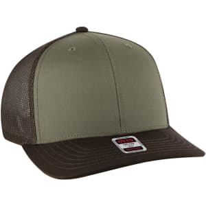 A mid-profile trucker cap in olive green with a brown visor and mesh sides, featuring a logo on the front.