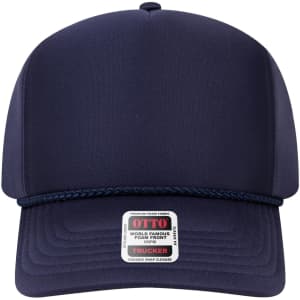 A navy blue 5 panel high crown full foam cap with a decorative rope and a logo on the front.