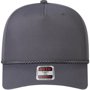 A grey 5 panel mid profile baseball cap with a braided band and a logo label on the front.