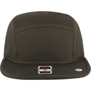 A 5 panel camper hat in olive green, featuring a flat brim and a logo on the front.