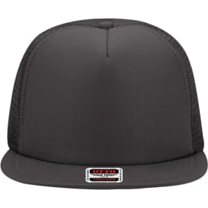 A black 5-panel high crown trucker cap with mesh sides and a logo on the front.