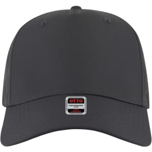 A 5 panel mid profile baseball cap in dark grey with a logo on the front.
