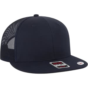 A navy trucker cap with a mid-profile design and mesh sides, featuring a logo on the front.