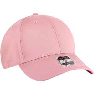 A pink 6 panel low profile baseball cap with a branding label on the front.