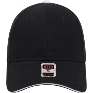 A black low profile baseball cap with a front logo and contrast stitching.