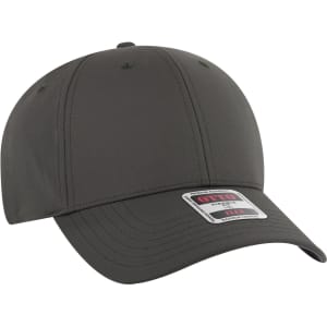 A dark grey six-panel low profile baseball cap with a curved brim and a logo on the front.