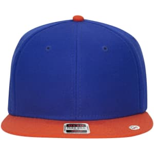 A snapback cap featuring a blue crown and an orange brim, with a logo on the side.