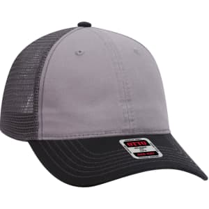 A grey and black 6 panel low profile trucker dad cap with a mesh back and a logo tag on the front.