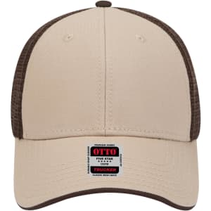 A beige 6 panel low profile trucker cap with a brown mesh back and a logo on the front.