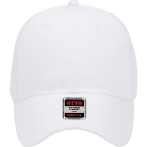 A white six-panel low profile baseball cap with a branded tag on the front.