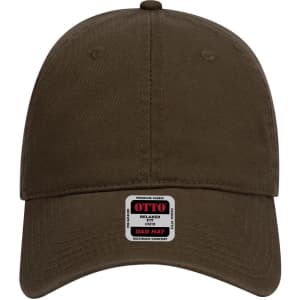 A brown 6-panel low profile dad cap with a logo on the front and ventilation eyelets.