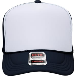 A high crown trucker cap in navy and white with a branded label on the front.