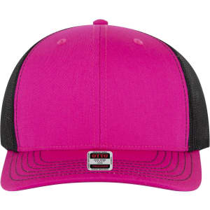 A pink and black mid-profile trucker cap with a solid front and mesh backing, featuring a branded label.