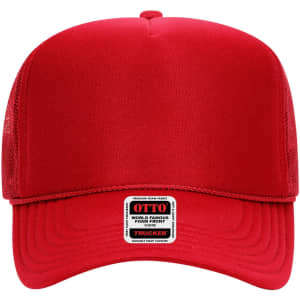 A red 5 Panel High Crown Trucker Cap featuring a mesh back and a label at the front.