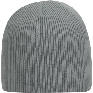 A classic knit beanie in grey with a ribbed texture and a logo on the side.