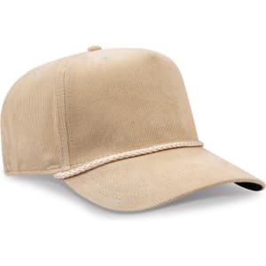 A beige 5 panel mid profile baseball cap with a decorative rope along the front. It features a logo.
