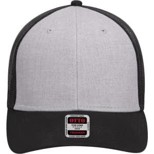 A grey and black 6 panel low profile trucker cap with a mesh back and a logo at the front.