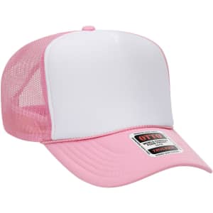 A pink and white 5 panel high crown trucker cap with a mesh back and a logo on the front.