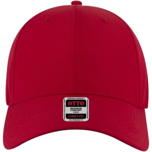 A red low-profile six-panel baseball cap featuring a logo on the front.