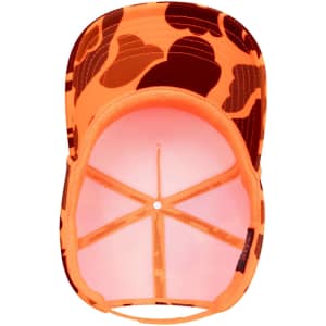 An orange camo 5 panel high crown full foam cap with a mesh interior and a logo.