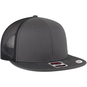 A grey trucker cap with a mid-profile design, featuring a mesh back and a branded patch.