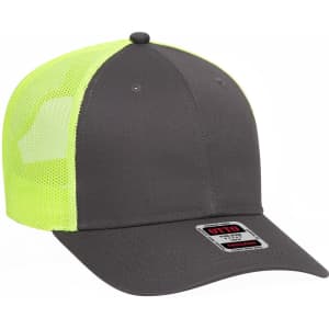 A grey and neon yellow 6 panel low profile trucker cap with a mesh back and a logo label on the front.