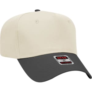 A 5 panel mid crown baseball cap featuring a cream front and a dark grey peak, with a logo on the front.