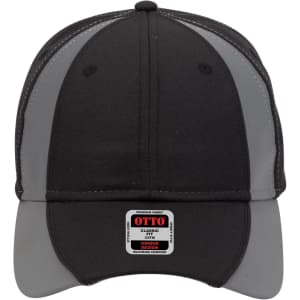 A black and grey 6 Panel Low Profile Baseball Cap featuring a branded tag on the front.