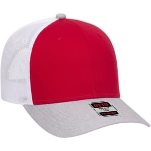 A red and white 6 panel low profile trucker cap with a grey brim and a logo on the side.