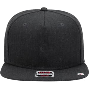 A grey five-panel snapback cap with a flat visor and a logo on the front.