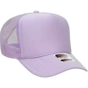 A 5 Panel High Crown Trucker Cap in light purple with a mesh back and a logo.