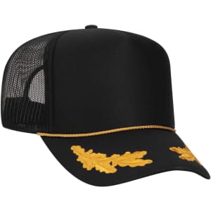 A black 5 Panel High Crown Trucker Cap with yellow leaf embroidery and a mesh back.