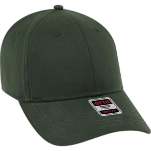 A green six-panel low profile baseball cap with a logo on the front.