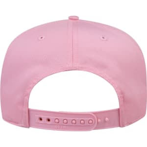 A pink 5 Panel Mid Crown Baseball Cap featuring an adjustable strap and a branded logo on the back.