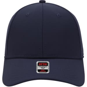 A navy blue UPF 50+ six-panel low profile baseball cap with a logo on the front.