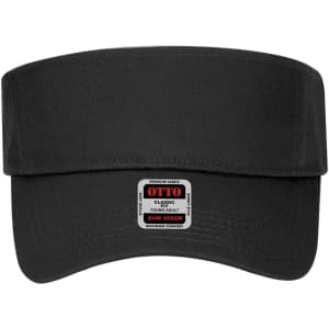 A black sun visor with a wide brim and a logo on the front. It features an adjustable fit.