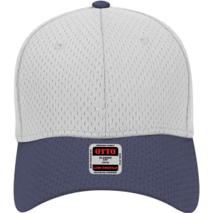 A low profile baseball cap in grey with a navy peak, featuring a logo on the front.