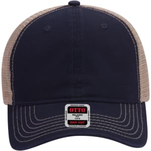 A navy blue and beige 6-panel low profile trucker dad cap with a logo on the front.