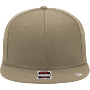 A mid-profile snapback cap in a neutral khaki colour, featuring a logo on the front.