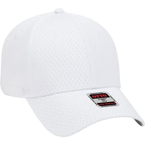 A white 6-panel low profile baseball cap with a textured design and a logo on the front.